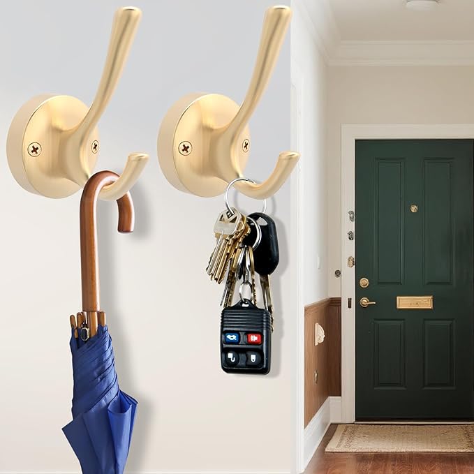 Gold Coat Hooks for Wall, 3 Pack Towel Hook Heavy Duty Metal Double Bath Robe Hook Wall Mount, Hat Hooks for Cubicle Bathroom Kitchen Closet Garage