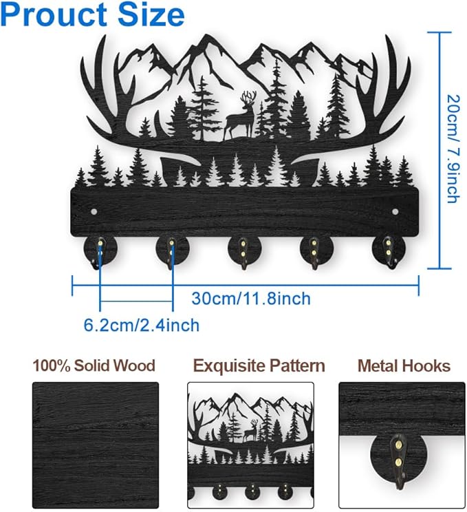 MAYJOYDIY Deer Antlers Key Holder for Wall, 11.8×7.9inch Christmas Decor, Forest Mountain Key Rack Hanger, 5 Alloy Hooks, Animal Theme for Living Room Hallway Office Gift