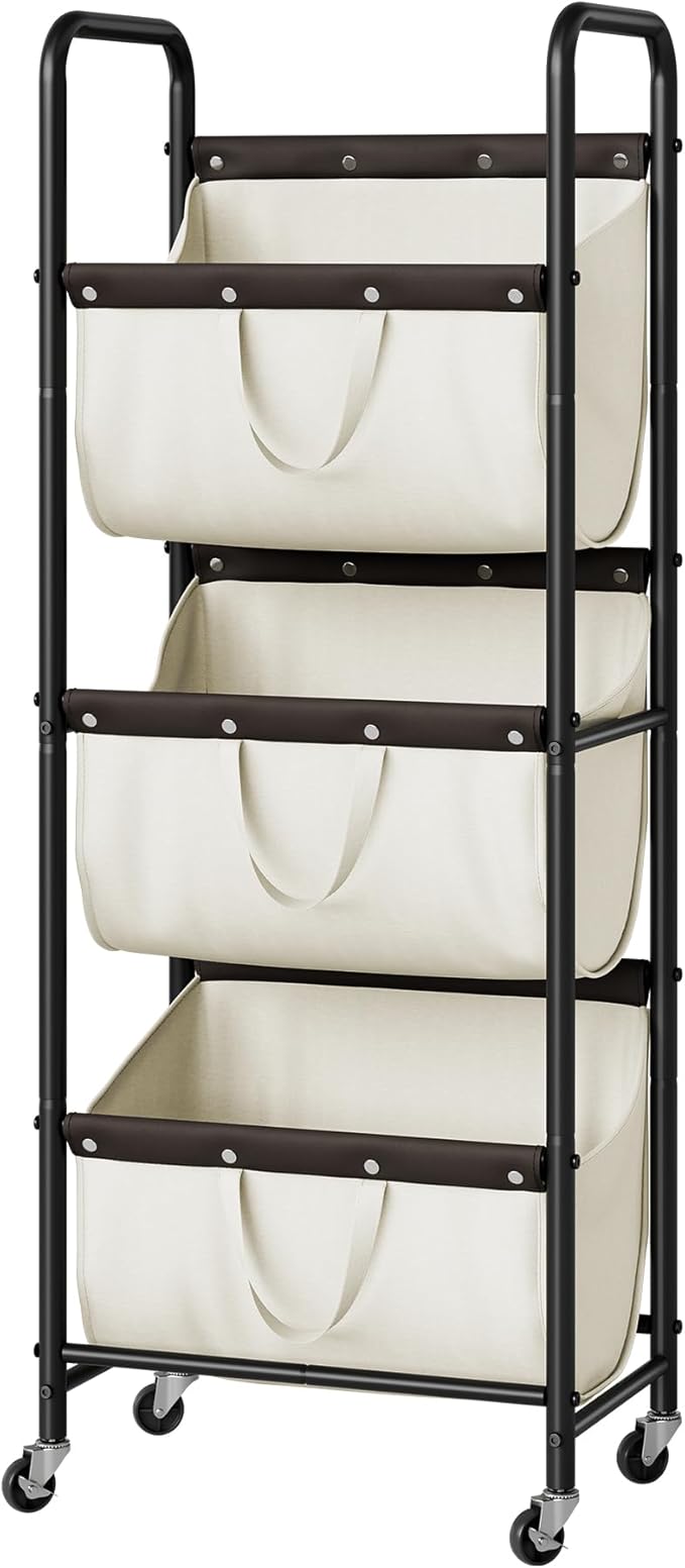 GRANNY SAYS 3 Tie Laundry Sorter, Laundry Basket with Wheels, Laundry Room Organization and Storage, 3 Section Rolling Laundry Cart for Dorm, Bathroom, Bedroom, Closet, Beige