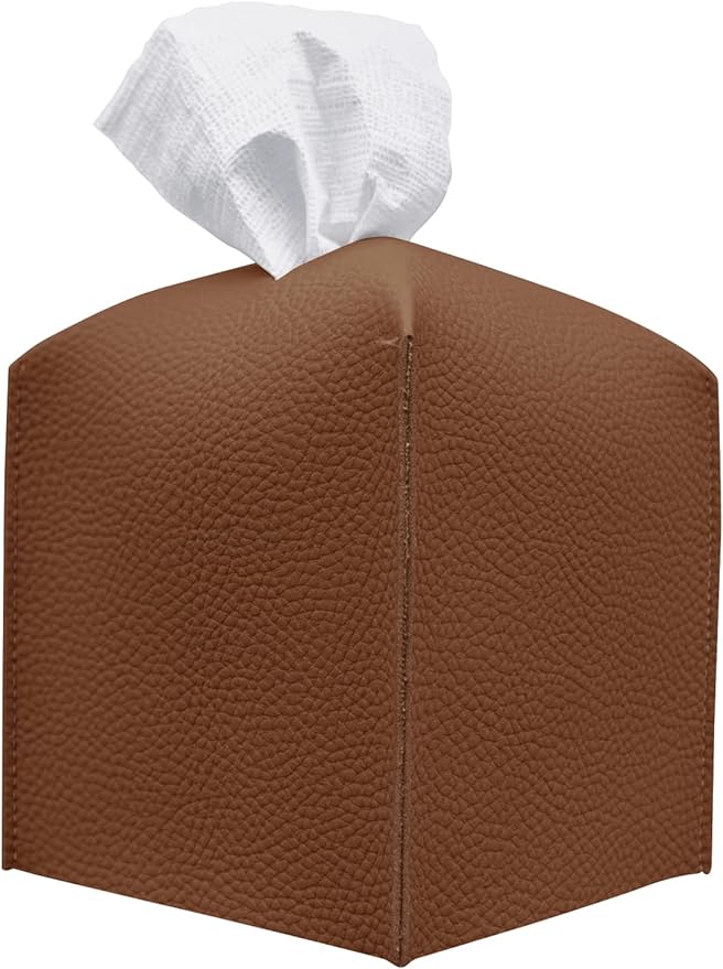 Carrotez Tissue Box Cover, [Refined] Modern PU Leather Square Tissue Box Holder - Decorative Holder/Organizer for Bathroom Vanity Countertop, Night Stands, Office Desk & Car 5"X5"X5" - Camel