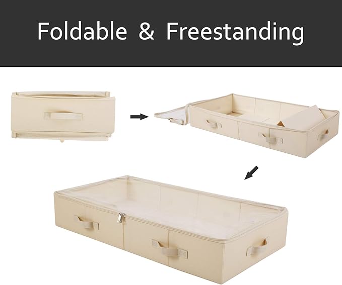 iwill CREATE PRO Pack of 2, Visible Lid Underbed Clothes Storage Bins for Shoes, Blankets, Sheets Organizer, 6" Height 7" Tall Under the Bed Storage Containers, Beige