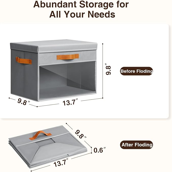 Large Storage Bins with Lids - 6 Pack Foldable Decorative Organizers with Clear Windows & Handles, Cube Storage Organizers for Clothes, Blankets, Sweaters, Sheets, Grey