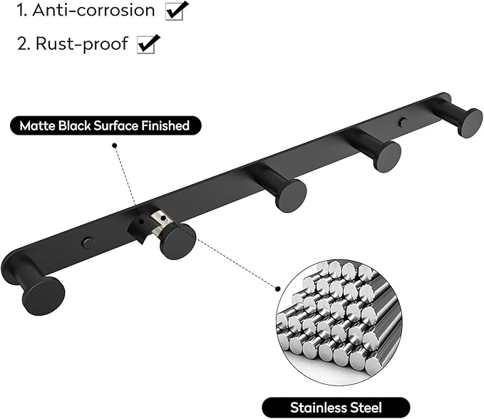 BigBig Home Black Bathroom Towel Hook, Coat Rack with 5 Hooks Wall Mount Matte Black Robe Hanger Heavy Duty Stainless Steel, 13 Inch