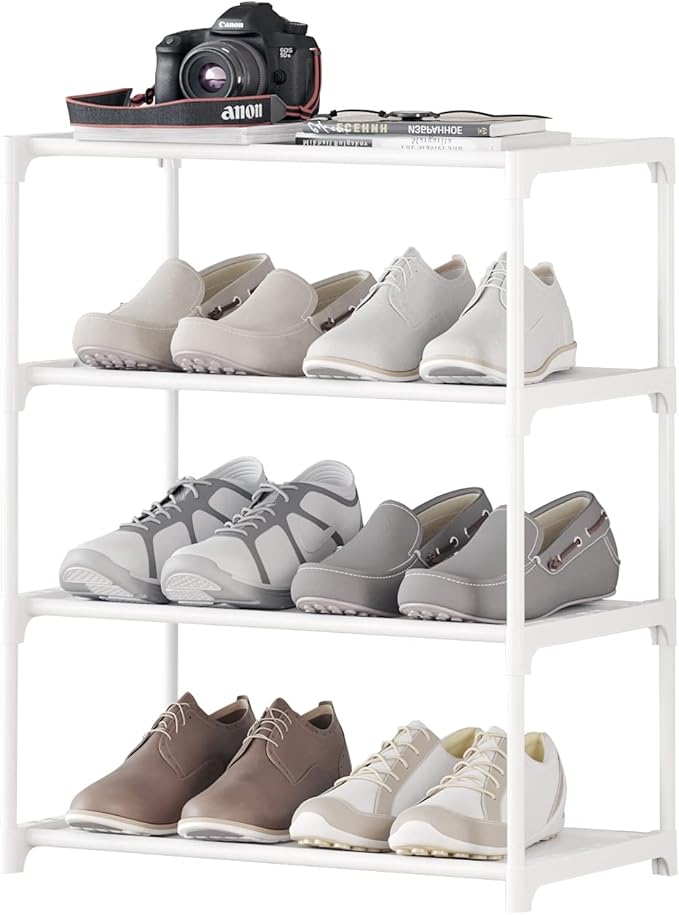 4-Tier Small Shoe Rack .Stackable Shoe Shelf Storage Organizer for Entryway Hallway Closet Bathroom Living Room (1-White)