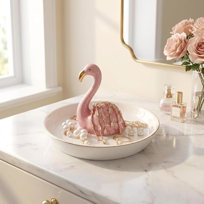 Flamingo Jewelry Holder & Ceramic Ring Dish â Pink Tropical Decor for Kitchen Sink or Vanity â Cute Engagement, Birthday, or Motherâs Day Gifts for Women & Girls â Gold-Rimmed Tray