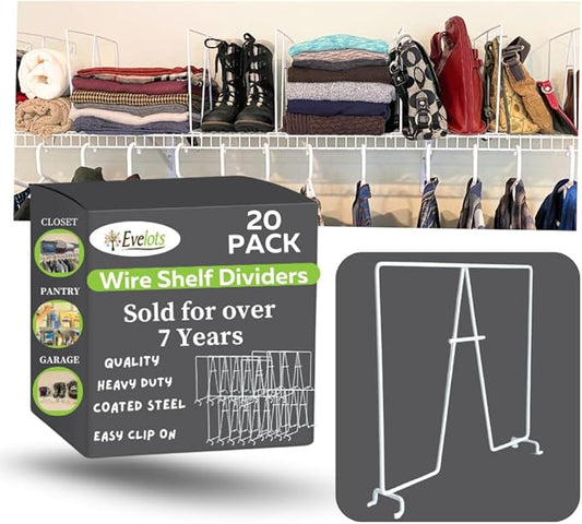 Evelots Wire Shelf Dividers -20 Pack- Closet Storage & Organization for Office/Pantry/Garage - Tall Shelf Separator - Easy Clip-No Tool - Solid Coated Steel