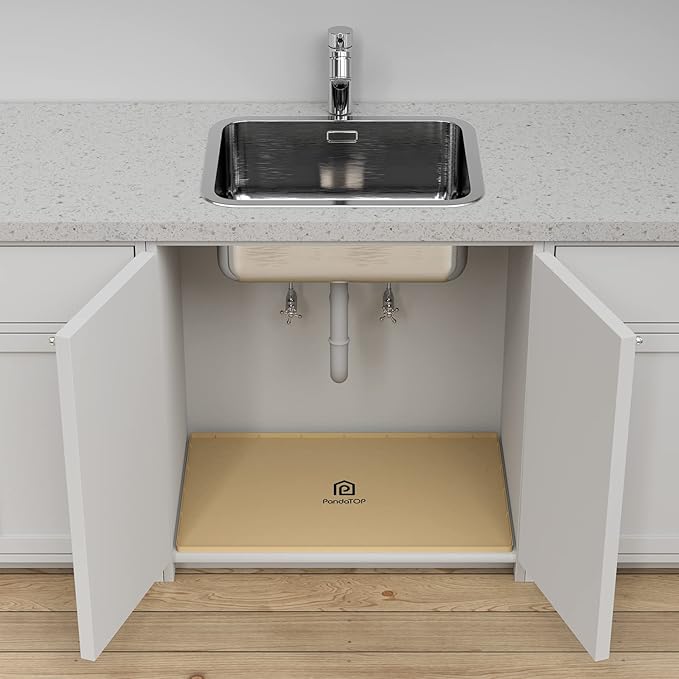 Under Sink Mat, 34" x 22" Silicone Kitchen Cabinet Tray, Waterproof & Flexible Under Sink Liner for Kitchen Bathroom and Laundry Room(Beige)