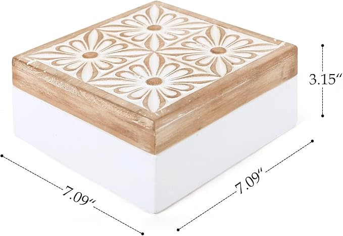 Small Decorative Box with Lid Wooden Keepsake Storage Box Carved Flower Handmade Jewelry Box Rustic Trinket Box Table Organizer - 7.1 x 7.1 x 3.2 Inches
