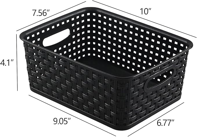 6-Pack Plastic Storage Baskets, Woven Shelf Basket with Cut Out Handle, Pantry, Classroom, Kitchen, Bathroom Organizer Bin, Black