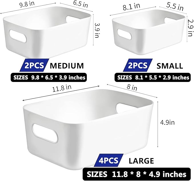8-pack White Plastic Storage Basket,Bins for Organization and Storage for Versatile Home Edit Containers,11 inch Cube Storage Boxes for Office Kitchen Bathroom (3size small Medium large)