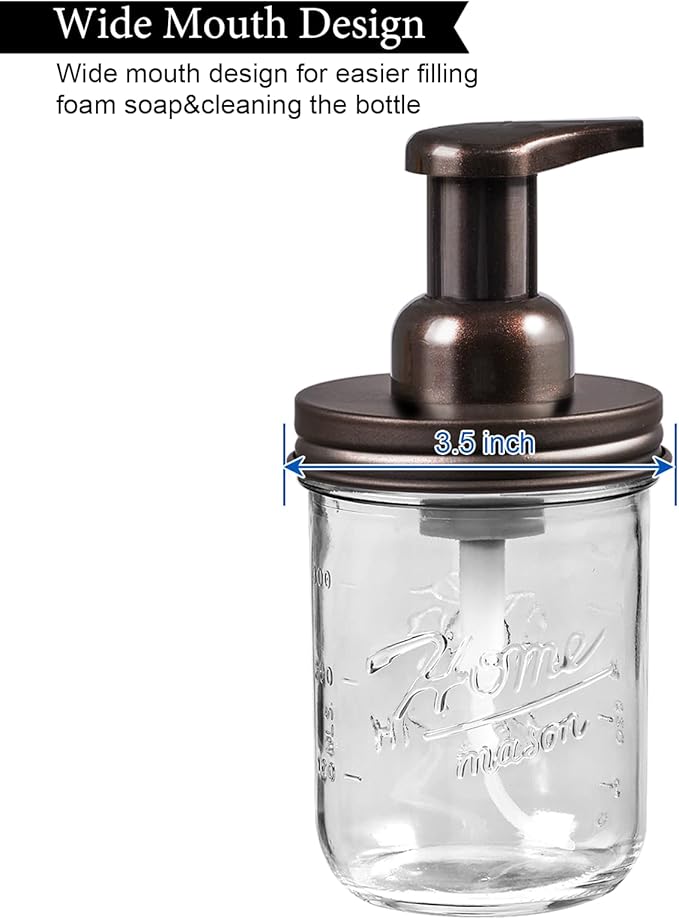 SheeChung Mason Jar Foaming Soap Dispenser, Glass Foaming Hand Soap Dispensers, Stainless Steel Lid, Refillable Foam Soap Dispenser for Bathroom Kitchen, Farmhouse Bathroom Decor (2 Pack, Bronze)