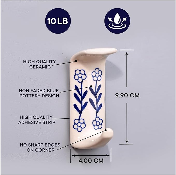 Indian Shelf Boho Ceramic Adhesive Wall Hooks - Damage-Free Decorative Blue Pottery Hangers for Keys & Towels, Renter-Friendly Stick-On Home Décor - 3 Hooks with 6 Strips(Style 7)