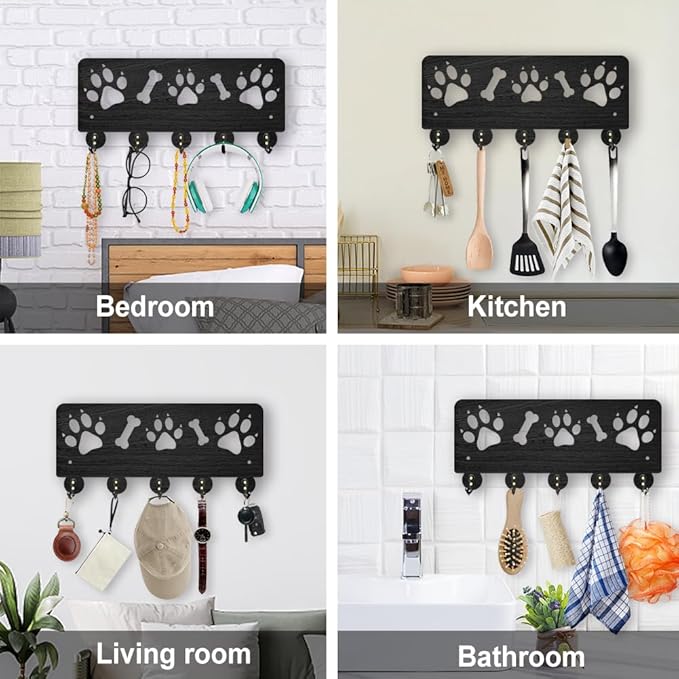 MAYJOYDIY Paw Print Wall Key Holder with 5 Hooks - 11.8x5.2 Inch Wood Dog Key Rack for Leash Entryway, Animal Theme Home Decor