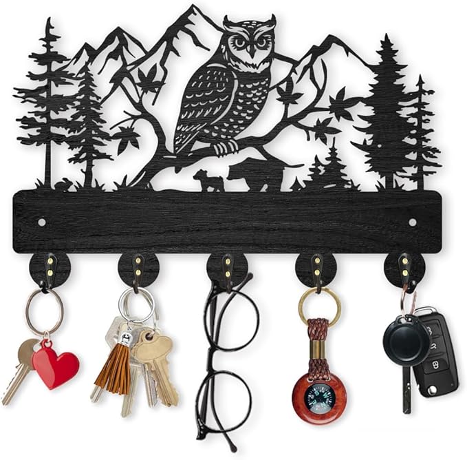 MAYJOYDIY Owl Mountain Forest Coat Rack 11.8×7.9inch Wood Bear Family Key Holder for Wall Autumn Forest Animal Wall Key Hooks Hanger 5 Alloy Hooks Key Rack for Home Art Decor Entryway Gift