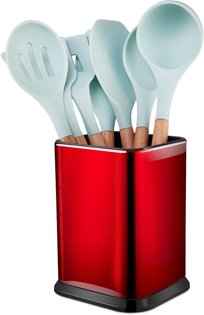 RedCall Stainless Steel Kitchen Utensil Holder for Countertop, Spoon Spatula Organizer,Modern Rectangular Large Cooking Utensil Caddy Counter,Utensil Crock (Stainless Steel Red)