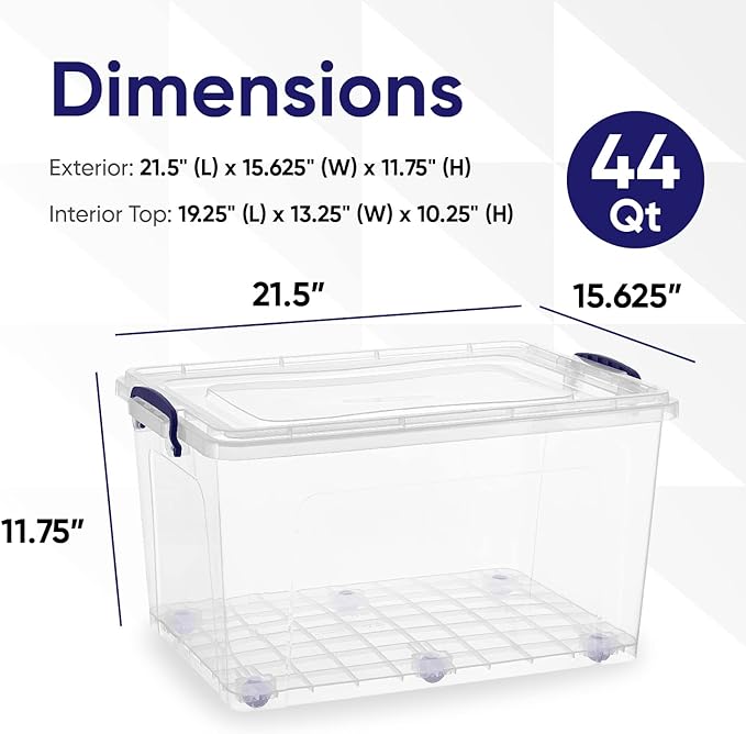 Superio Storage Bins with Lids- Clear Boxes for Organizing, Stackable Plastic Containers- BPA Free, Non-Toxic, Odor Free, Organizer for Home, Office, Dorm (8 Pack, 44 Qt (Wheeled))