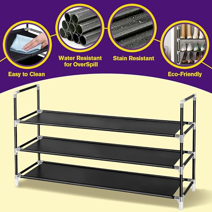 Shoe Rack - 3-Tier Non-Woven Stackable Shoe Shelves for Entryway, Closet, Bathroom 30cm(D) x 92cm(W) x 55cm(H) -Black (3-Tier Non-Woven)