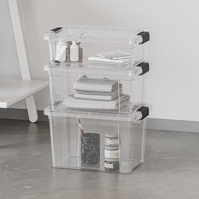 Superio Clear Storage Boxes with Lids, 49 Quart Plastic Container Bins for Organizing, Stackable Crates, BPA Free, Non Toxic, Odor Free, Organizers for Home, Office and Dorm, 8 Pack