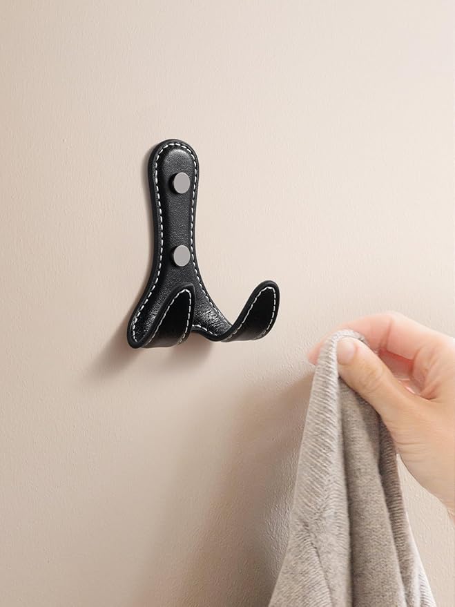 4 Pack Black Leather Coat 2 Hooks Wall for Hanging Round Coat Hooks for Hanging Robe Towels Bags Hats Scarf Keys Clothes Suitable for Bedroom, Entryway and Closet