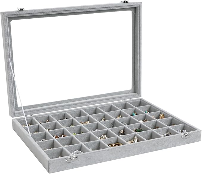 Wudygirl Jewelry Organizer Velvet Jewelry Box 40 Grid Earring Holder Organizer with Lid Ring Holder Ring Display Case Adjustable (Gray)