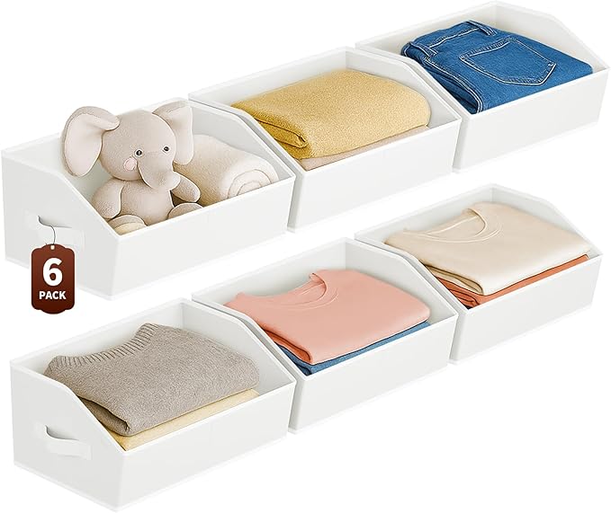 Large Closet Organizers and Storage Bins - 6 Pack Trapezoid Storage Baskets for Shelves, Foldable Fabric Baskets with Handles Ideal for Closet, Basket, Wardrobe and Shelf Storage, White
