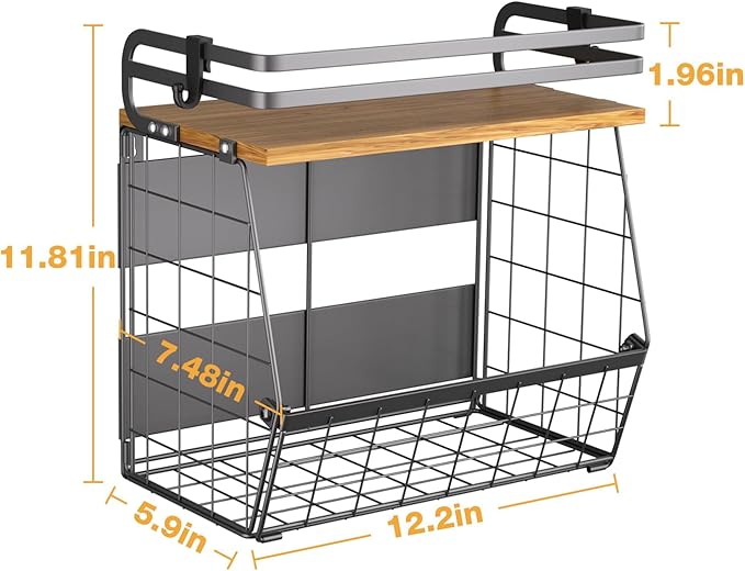 Magnetic Shelf for Fridge with Wood Lid, Magnetic Spice Rack for Refrigerator Large Capacity Wire Basket Kitchen Storage Bin for Fruit, Onion, Potatoes, Storage Organizer for Counter & Cabinet, Black