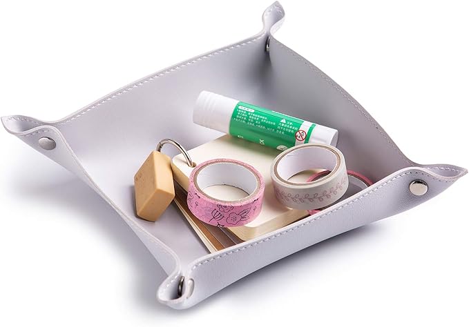SANQIANWAN Leather Jewelry Valet Tray for Women and Man, Entryway Table Bedside Nightstand Desk Portable Small Catchall Travel Dish Plate for Key,Wallet,Watch,Coin(Grey White-B)