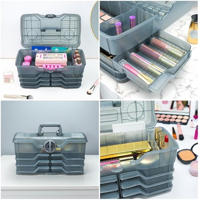Best Kept | Portable Cosmetic Organizer with Compartments | Makeup Organizer Box For Vanity | Skin Care | Jewelry | Cosmetic Train Case | Hair & Grooming Storage Case | Dark Grey