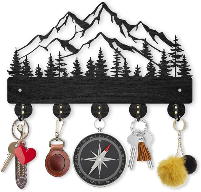 MAYJOYDIY Mountain Forest Wood Coat Rack Wall Mount, 5 Alloy Hooks Key Holder for Wall, Home Decor Gift, Nature Landscape Key Rack, Entryway Kitchen Hallway, 11.8x7.4inch