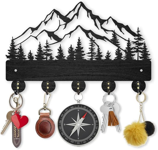 MAYJOYDIY Mountain Forest Wood Coat Rack Wall Mount, 5 Alloy Hooks Key Holder for Wall, Home Decor Gift, Nature Landscape Key Rack, Entryway Kitchen Hallway, 11.8x7.4inch