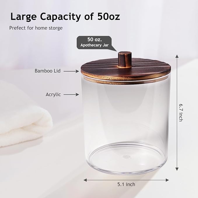 SheeChung 4 Pack 50 Oz Dark Wood Lid Large Apothecary Jar - Rustic Farmhouse Laundry Room Decor - Container for Bathroom Organization - Clear Storage Canister for Scent Beads & Salts