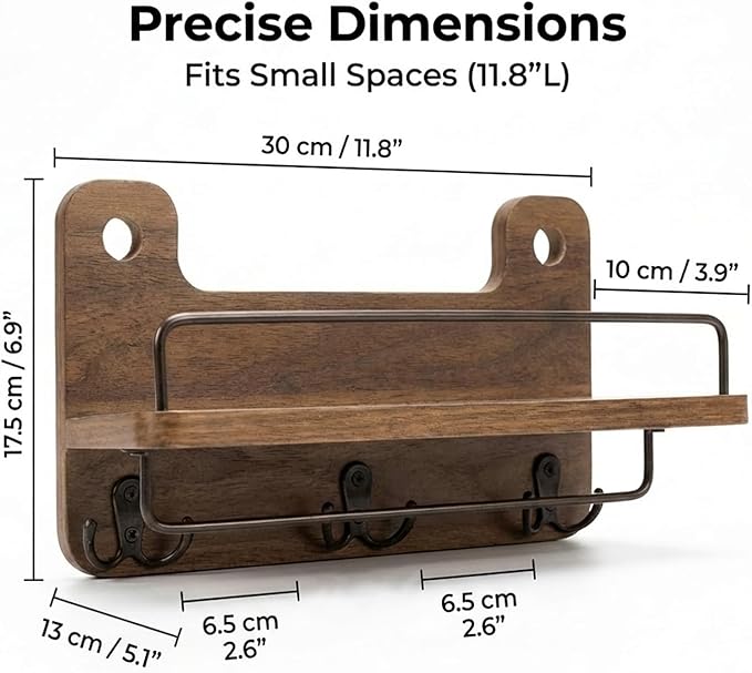Key Holder for Wall with Shelf - 5.1" Deep Large Mail Organizer Wall Mount with 3 Heavy-Duty Dual Hooks & Safety Guardrail - Rustic Wood Wall Shelf for Entryway, Kitchen, Office