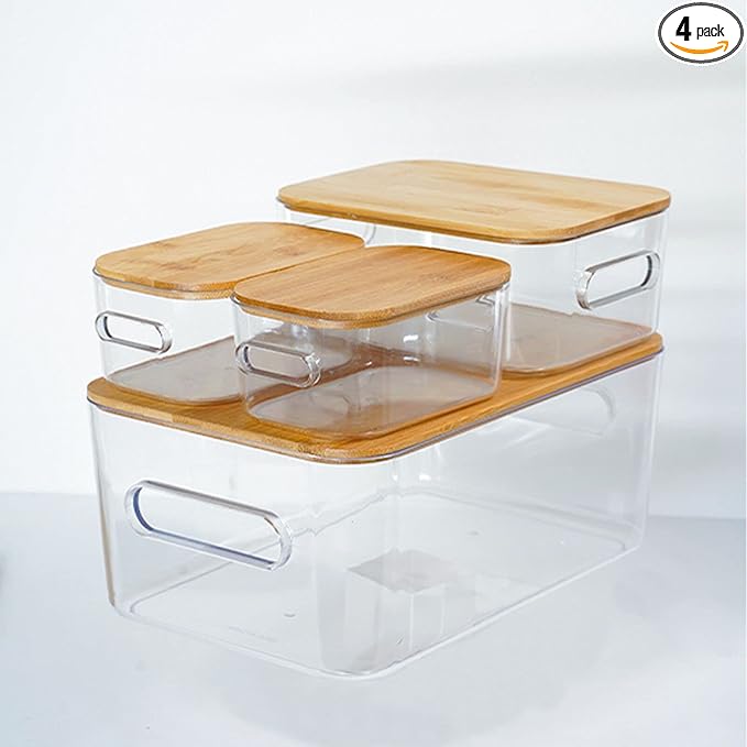 4 Pack Clear Plastic Storage Bins with Bamboo Lids, storage boxes ,Storage Containers, Medicine Cabinet,Organizer, picnic container,Bread Box for Kitchen,Cupboard, Pantry Shelves, bathroom in 3 sizes