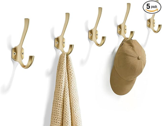 AVICCI 5 Pack Coat Hooks Matte Gold Towel Hooks Robe Hooks for Bathroom Living Room Bedroom Hanger for Robe Dressing Room