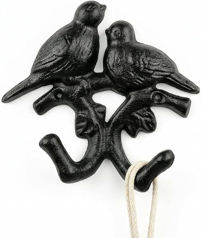 Comfy Hour 5.4" Heavy Duty Cast Iron Bird Wall Hook, Decorative Double Bird Key Holder for Wall, Rustic Animal Coat Rack for Entryway, Bathroom & Mudroom, Vintage Home Decor, Black, 1 pc