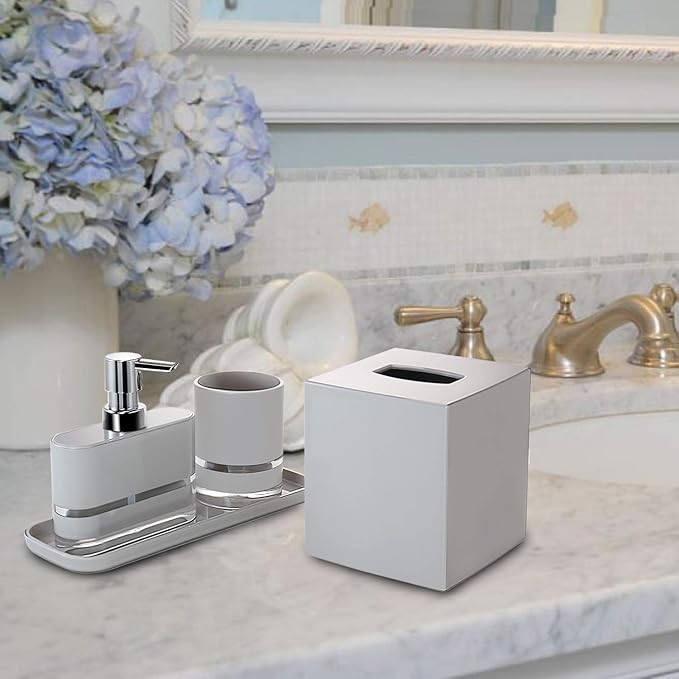 Decozen Bathroom Accessories Set of 4 - Elegant Soap Dispenser, Tumbler, Tissue Box & Tray for Modern Decor Home Decor Bath Accessories, Ideal Bathroom Decor & Housewarming Gift - Light Grey