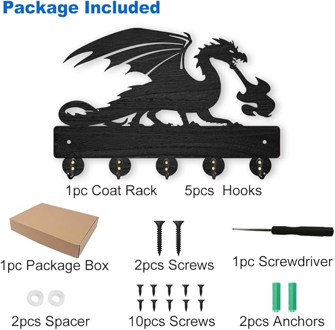 MAYJOYDIY Dragon Coat Rack Wall Mount Wood Fire Dragon Key Holder for Wall 11.8×7.9inch Dragon Spitting Fire Key Rack 5 Alloy Hooks Decorative Key Hanger for Entryway Room Front Door Gift