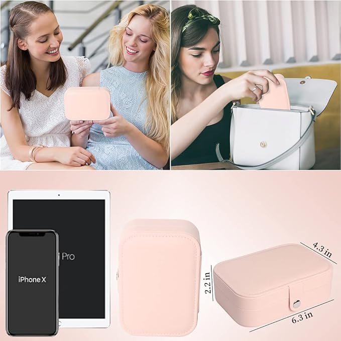 Travel Jewelry Box, Small Jewelry Organizer Boxes for Women Girls, 2 Layer Travel Jewlery Case, PU Leather Mini Portable Jewerly Storage Display Holder for Earrings, Ring, Necklaces, Bracelets - Pink
