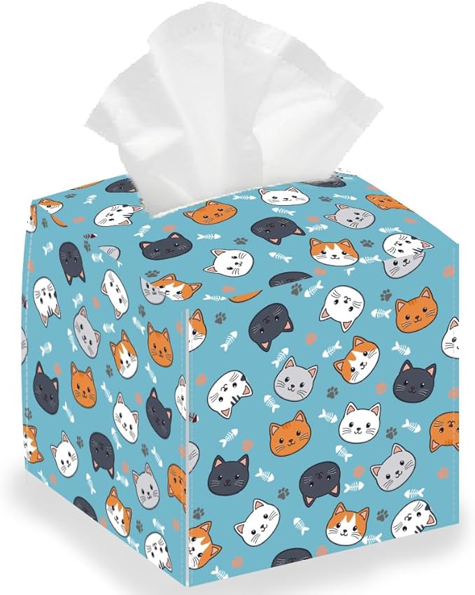 Cat Face Tissue Box Holder, Square Tissue Box Cover Foldable Tissue Storage Box Waterproof Paper Towel Case Container Organizer Cute Tissue Box Holder for Bedroom Office Bathroom Car