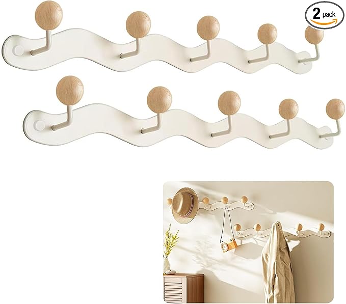2 Pack Coat Rack Wall Mount,White Wall Hooks,Anti-Tear Wooden Ball Hook Rail, Heavy Duty Metal Coat Hanger Wall Mount for Entryway, Bathroom, Bedroom, Kitchen(White)