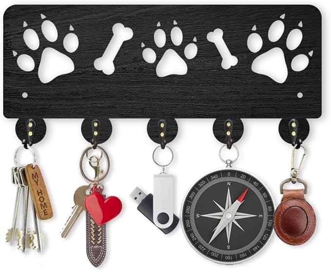MAYJOYDIY Paw Print Wall Key Holder with 5 Hooks - 11.8x5.2 Inch Wood Dog Key Rack for Leash Entryway, Animal Theme Home Decor