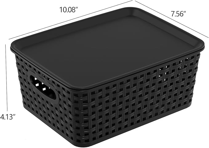 6 Pack Plastic Storage Baskets Bins with Lid, Stackable Lidded Storage Containers for Organizing, Black