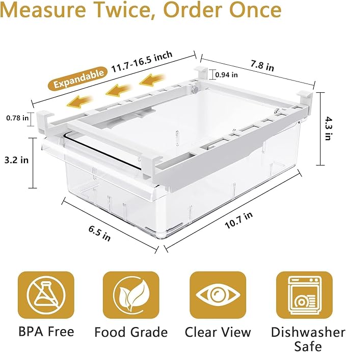 Refrigerator Drawer Organizers, Fridge Drawer Organizer, Pull Out with Handle, Clear Container for Food Drinks, Fit for Refrigerator Shelf Under 0.6 Inch, Easy to Install（2-Pack）