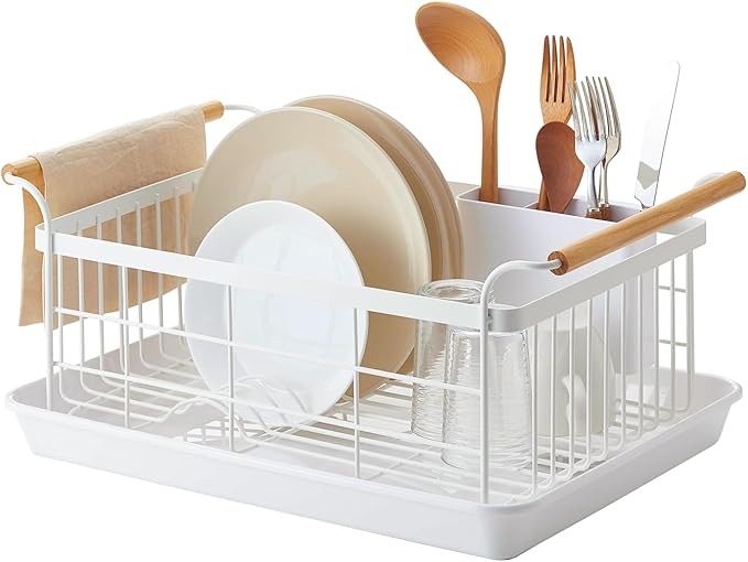 YAMAZAKI Home Dish Drying Rack – Modern White Dish Rack for Kitchen Counter with Removable Drainer Tray and Cutlery Holder, Steel + Wood Dish Drying Organizer - Steel + Wood -