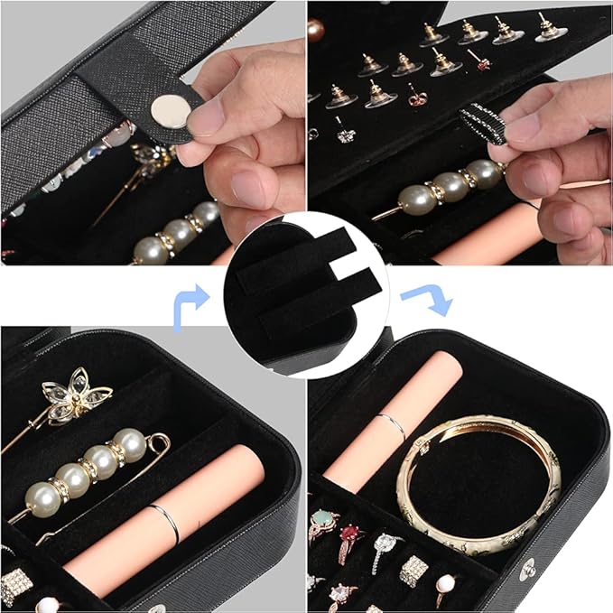Travel Jewelry Box, Small Jewelry Organizer Boxes for Women Girls, 2 Layer Travel Jewlery Case, PU Leather Mini Portable Jewerly Storage Display Holder for Earrings, Ring, Necklaces, Bracelets - Black