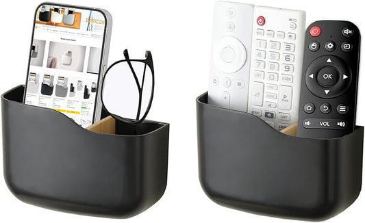 SUNFICON Remote Holder Wall Mount TV FAN Remote Control Holder Bedside Caddy Wall Organizer Phone Holder for Office Adhesive Media Player Controller Holder Box Tray Home Desk Nightstand 2 Black