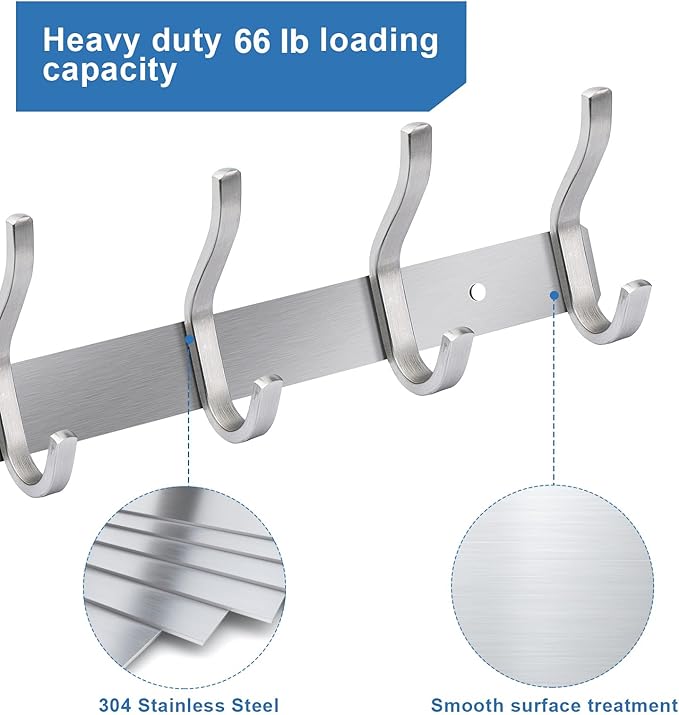 12 Inch Coat Rack Wall Mount 2 Packs, Wall Hooks with 4 Hooks, Silver Wall Hooks Hangers for Entryway, Bathroom - for Hanging Backpack, Bag, Coat, Purse, Hat, Towel, Clothes