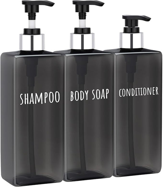 Segbeauty 16.9oz Empty Black Hand Soap Dispensers, 3pcs Large Plastic Lotion Pump Bottle, Refillable Square Pump Bottles for Shampoo and Conditioner, 500ml Pre-printed Bathroom Body Wash Gel Container