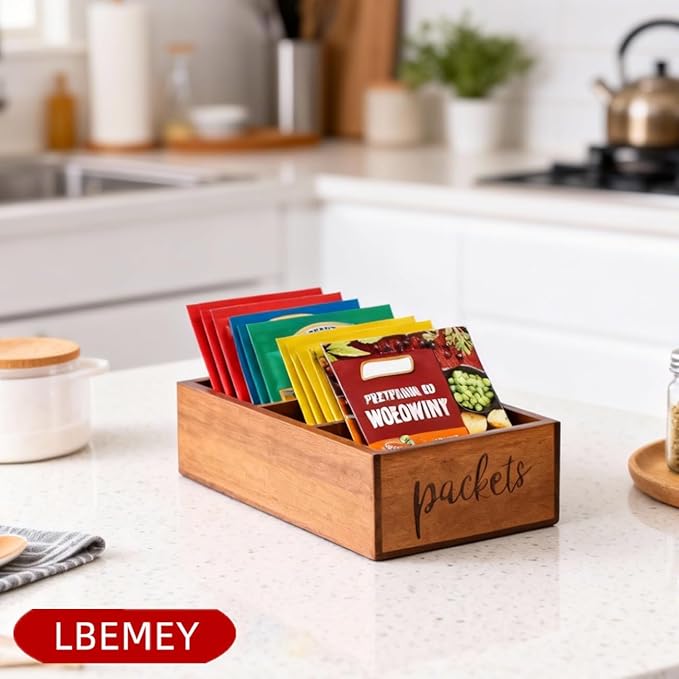 Packet Organizer, Acacia Wood Packet Storage Organizer with 3 Compartments,Farmhouse Kitchen Organization for Spice, Gravy, Taco, and Dressings Packets for Kitchen, Brown Labeled Packets