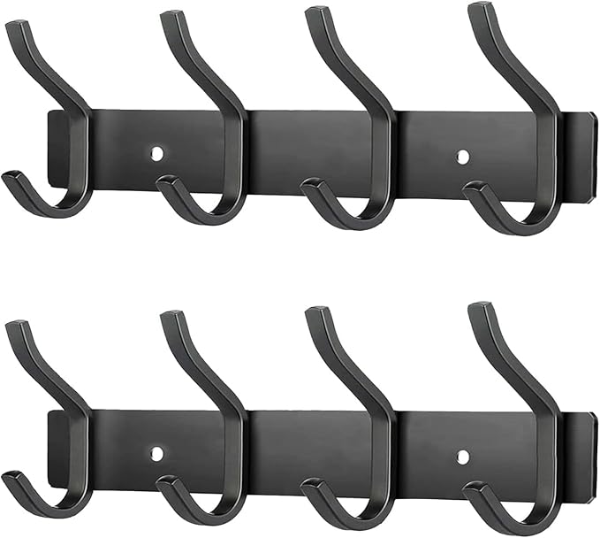 Wall Hooks, 12 Inch Coat Rack Wall Mount with 4 Hooks, Black Wall Hooks for Entryway, Bathroom - for Hanging Backpack, Bag, Coat, Purse, Hat, Towel, Clothes,2 Packs